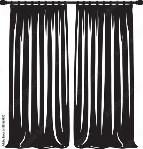 Black vertical stripes hanging from a rod with frayed edges and uneven lengths also transparent background