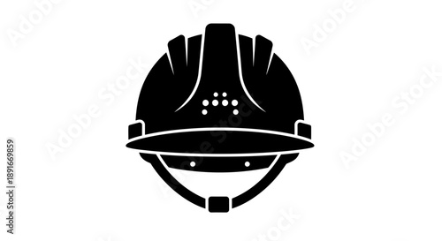 A black silhouette of a construction hard hat with chin strap