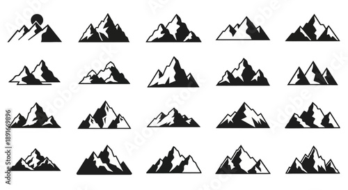 Black and white illustration of various mountain peak silhouettes arranged in a grid