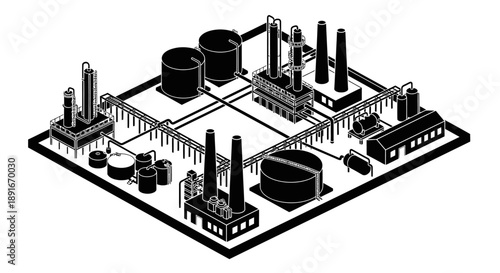 Isometric illustration of an industrial complex with tanks pipes and buildings