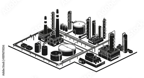Isometric illustration of an industrial complex with smokestacks and storage tanks