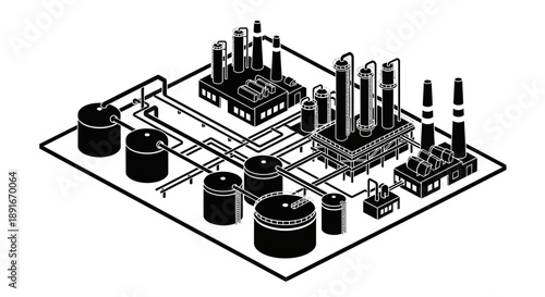 Isometric illustration of a complex industrial refinery and storage facility