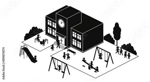 Isometric illustration of a school building with a playground scene