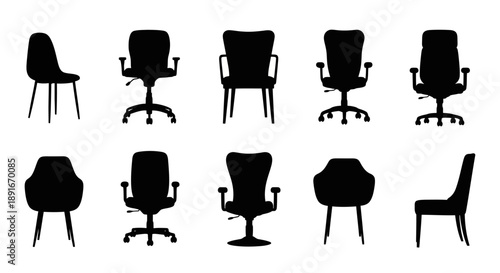 Collection of diverse chair silhouettes in a black and white design