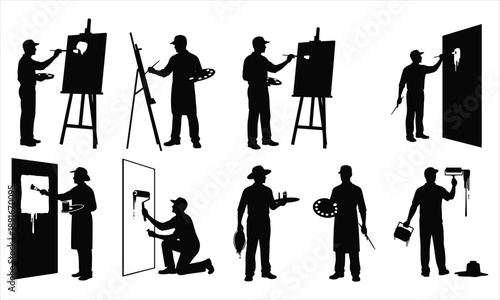 Painter and Artist Silhouette Set Painting on Canvas and Wall Vector Illustration