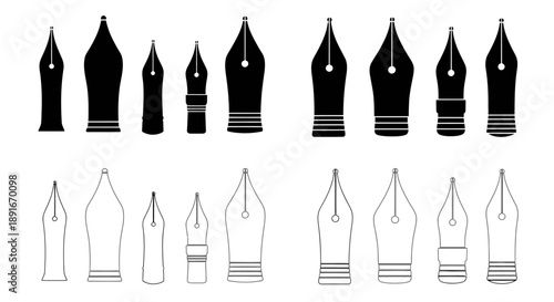 Collection of fountain pen nibs in black and white line art
