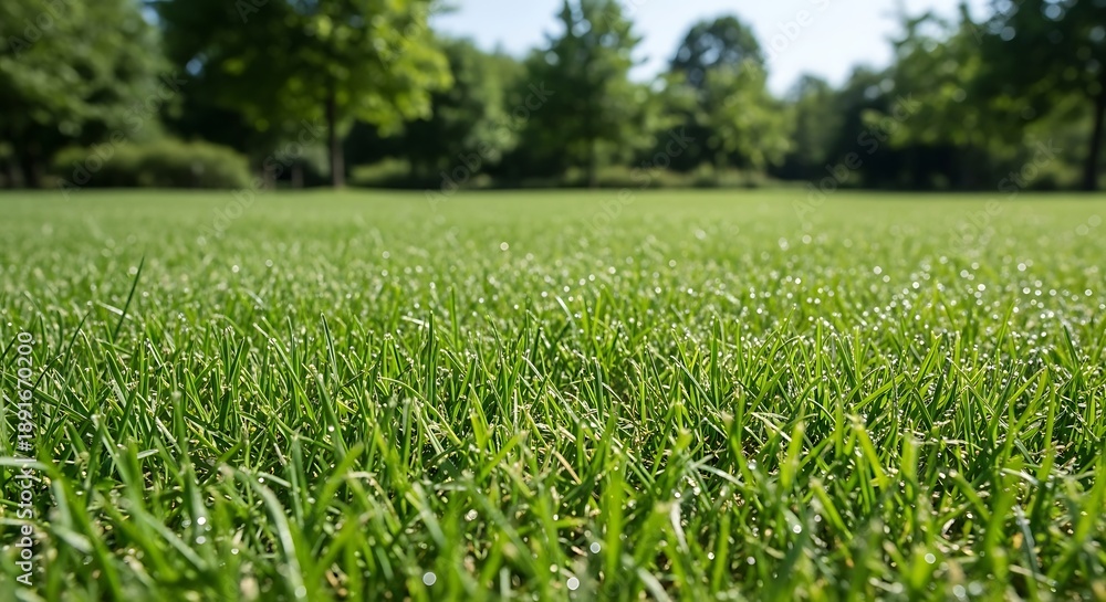 Obraz premium Green grass field with trees in background