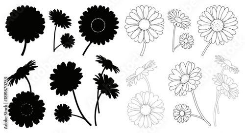 Floral arrangement of daisies and dandelions in varying styles