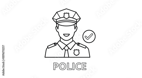 Simple line art illustration of a police officer's head with a checkmark