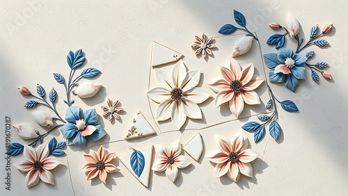 guyot. Broken porcelain fragments reassembled into an elegant floral mosaic on a neutral surface, top-down view. menu design.