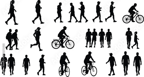 Black silhouettes of people walking running and cycling on white background people, silhouettes, walking, running, cycling, exercise, fitness, sports, black, white, background, isolated, activity, out
