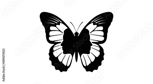 A striking black and white illustration of a butterfly with symmetrical wings