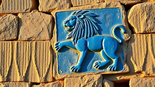 babylonian. Ancient Babylonian wall fragment with a blue glazed brick lion relief. event programs, museum guides, designed for cultural heritage projects and event programs, preserves heritage.