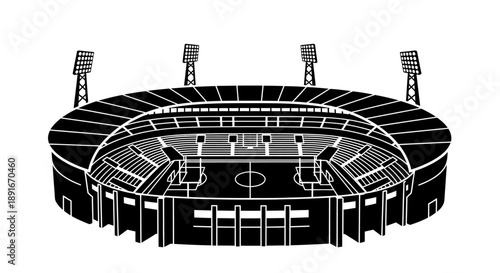 Black and white illustration of a large sports stadium with floodlights
