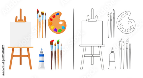 Art supplies including paintbrushes palettes easels and paint tubes