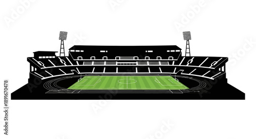 Simple illustration of a soccer stadium with green field and black stands