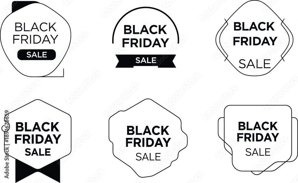 Obraz premium Dynamic collection of outline sale badges and promotional labels in various modern shapes, perfect for digital marketing campaigns and retail advertisements to highlight special offers
