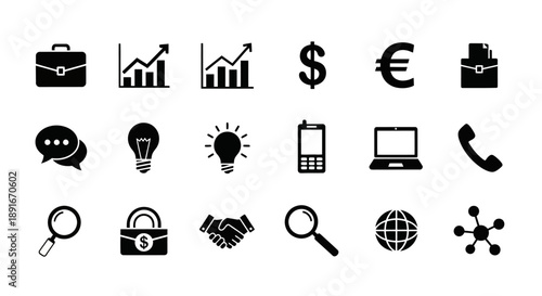 Black icons representing business finance communication and technology concepts