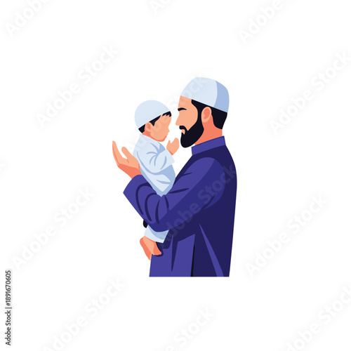 Loving Muslim father wearing a taqiyah gently holds his baby son in his arms, showcasing a tender moment of fatherhood.
