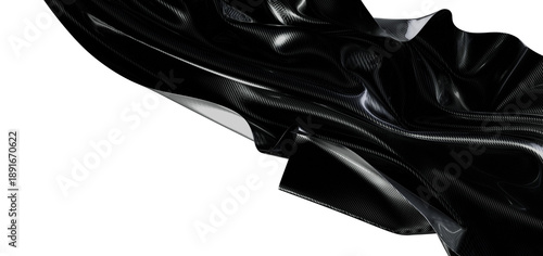 Dynamic composition of black flowing fabric with a glossy surface on white. Ideal for backgrounds, concepts, and design