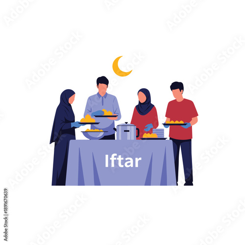 Volunteers serve plates of food from a buffet table labeled 'Iftar', providing a community meal to break the fast during Ramadan.