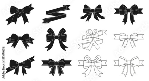 Collection of decorative black and white ribbon bows in various styles
