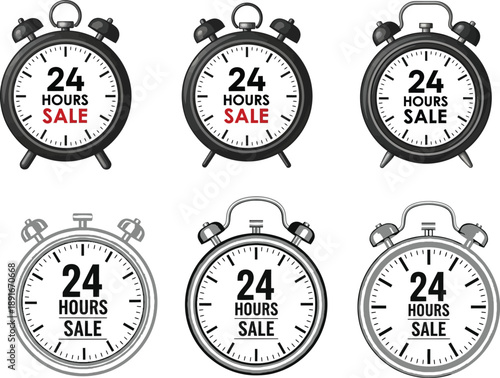 Collection of Alarm Clocks Featuring "24 Hours Sale" Text, Symbolizing Constant Availability and Urgency for Shopping Promotions