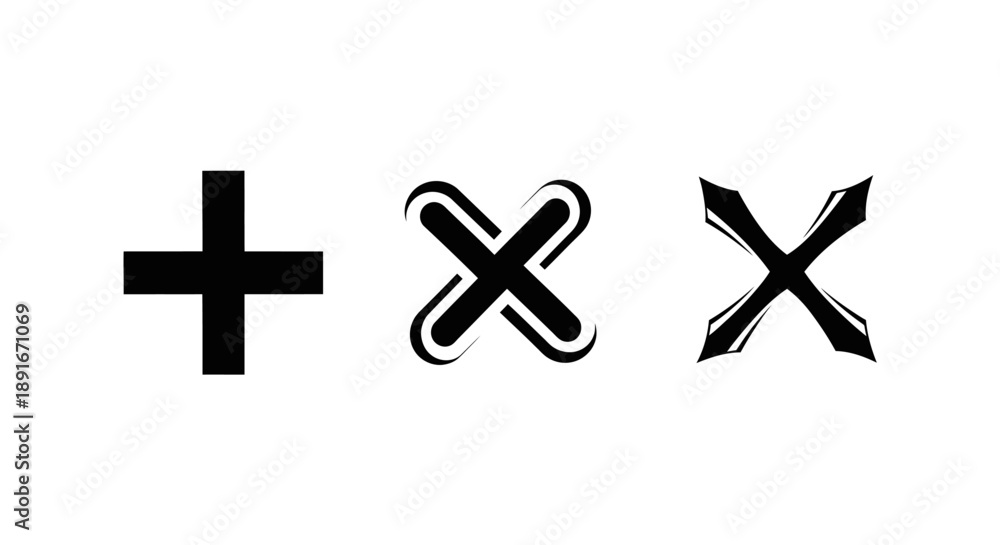 Obraz premium Black symbols depicting a plus sign and two variations of an x