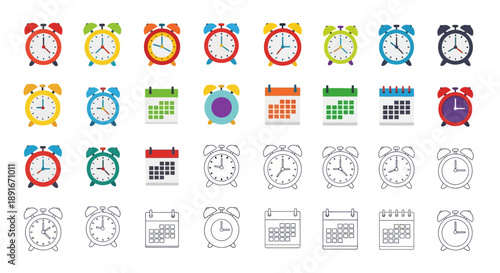 Colorful collection of alarm clocks calendars and time related icons