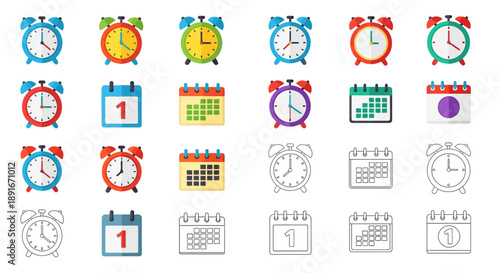 Collection of colorful alarm clocks calendars and reminder icons on white