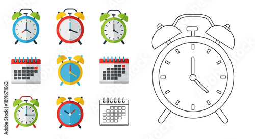 Colorful alarm clocks calendars and a simple outline clock illustration