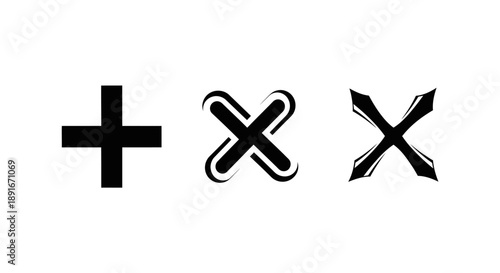 Black symbols depicting a plus sign and two variations of an x
