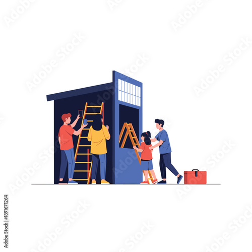 Family of four works together on a home improvement project, painting and repairing their house with ladders and tools.