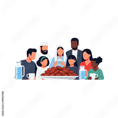 Diverse group of friends and family from different ethnic backgrounds gather to share a platter of dates, celebrating Iftar together.