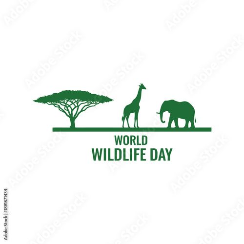 World Wildlife Day vector illustration with giraffe, elephant, and tree silhouette for conservation design