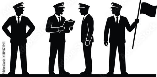Black silhouette illustration of uniformed officers in formal poses with cap, clipboard, and flag for military, pilot, or ceremonial vector design.