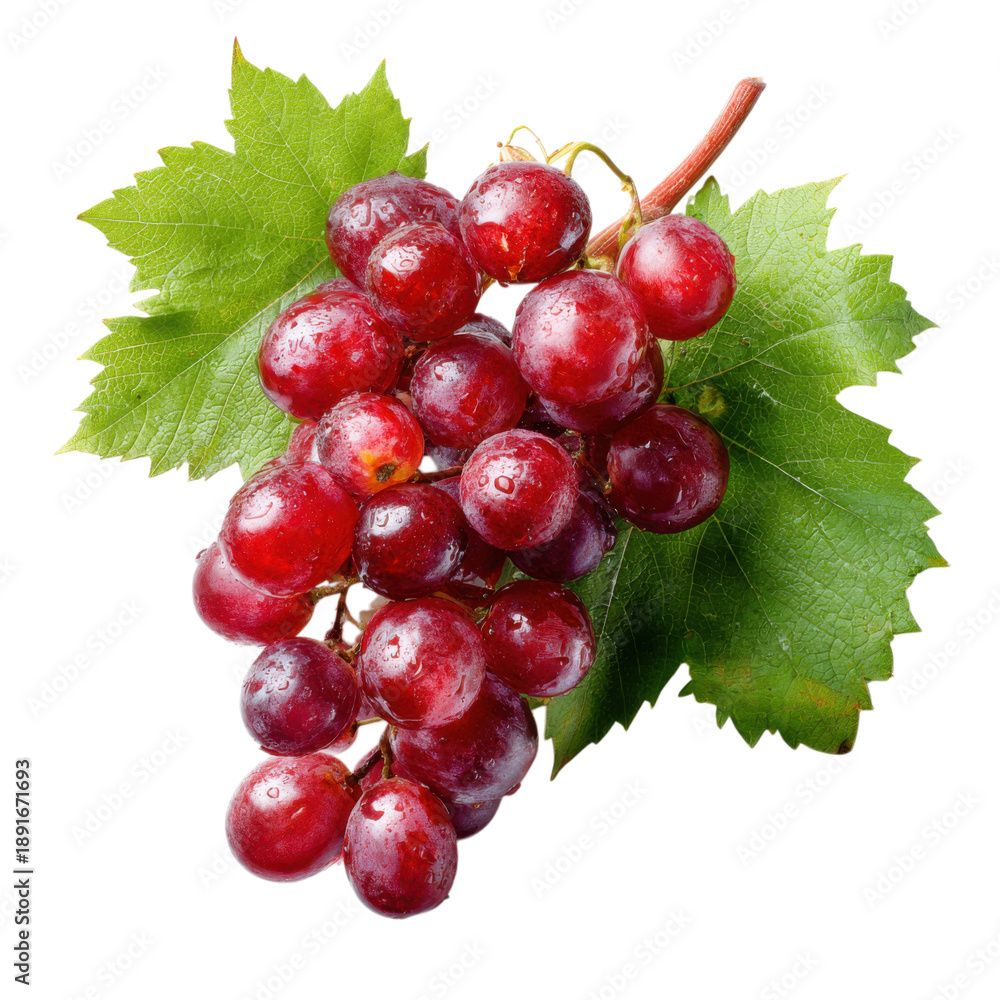 Fototapeta premium A bunch of red grapes with green leaves