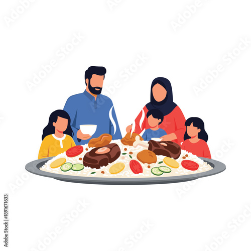 Muslim family of five gathers around a large, festive platter of traditional food, sharing a delicious meal during a celebration.