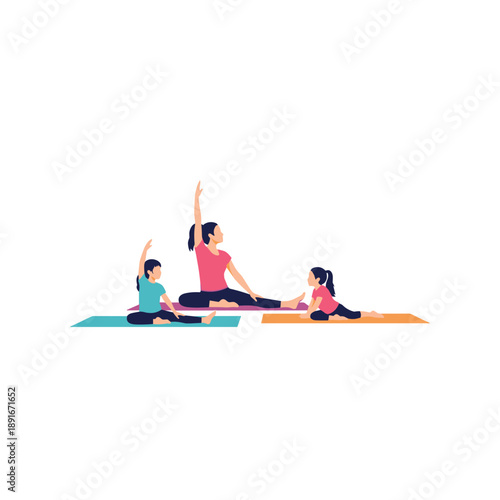 Mother practices yoga and stretching exercises with her two young daughters on colorful mats, promoting a healthy and active lifestyle.