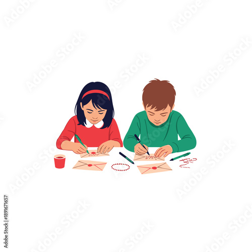 Young boy and girl sit at a table diligently writing letters or cards and sealing them with wax, a creative and traditional activity.