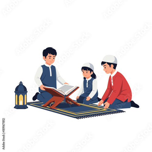 Three Muslim children sit on a prayer rug and read the Quran together by the light of a lantern, learning about their faith.