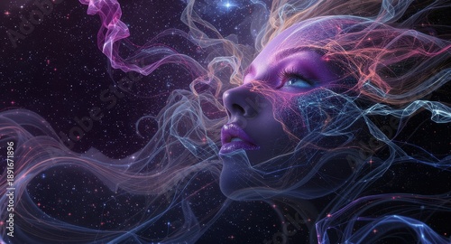 Portrait of a mystical woman against a backdrop of space
