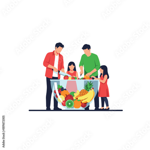 Family of four works together to prepare a giant, healthy fruit salad in a large glass bowl, promoting nutritious eating habits.