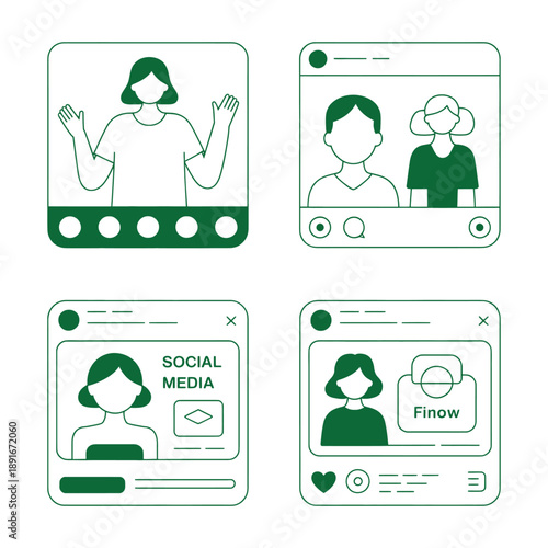 Social media interface set with user profiles and online interaction