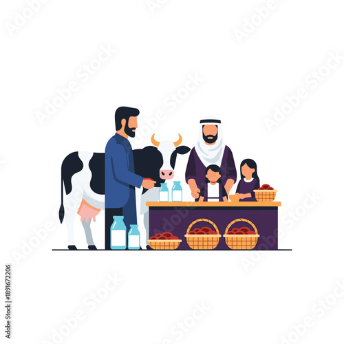 Man at a local market stall sells fresh milk and dates, with a cow nearby and a father with his two children buying produce.