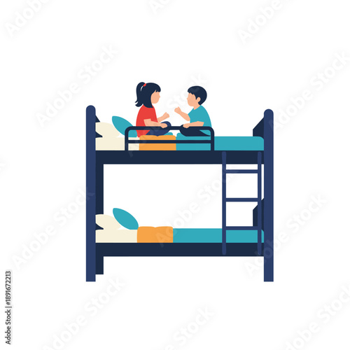 Young boy and girl, siblings or friends, sit on the top bunk of a bunk bed, talking and playing together in their bedroom.