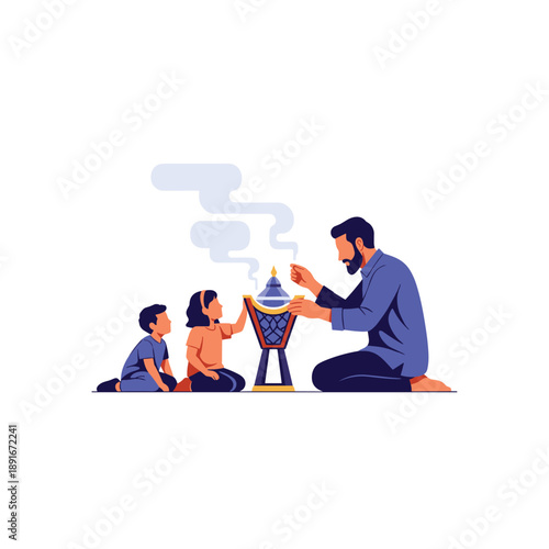 Muslim father teaches his two children how to use an incense burner (mabkhara), sharing a cultural and sensory tradition.