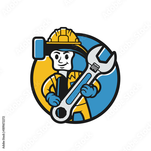 Skilled Worker with Wrench, Construction Site, Illustration, Industrial Environment, Close-Up, Mechanical Concept