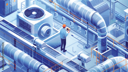 Isometric illustration of an industrial HVAC technician managing a large ventilation system using a digital tablet 