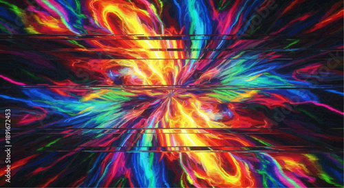 Vibrant abstract explosion with colorful swirling patterns and bright light radiating from center on dark background creating dynamic